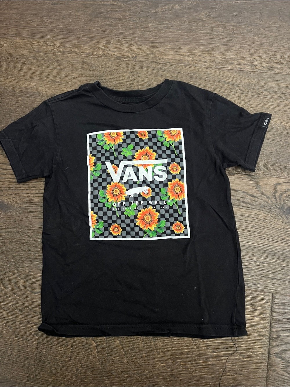 Vans Black Tee with Checkerboard and Sunflower Graphic